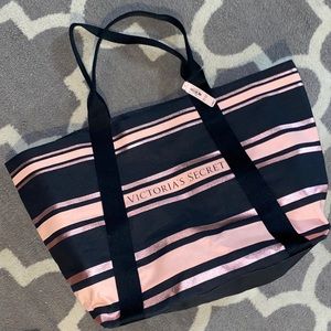Victoria Secret Pink & Black striped tote bag NWT